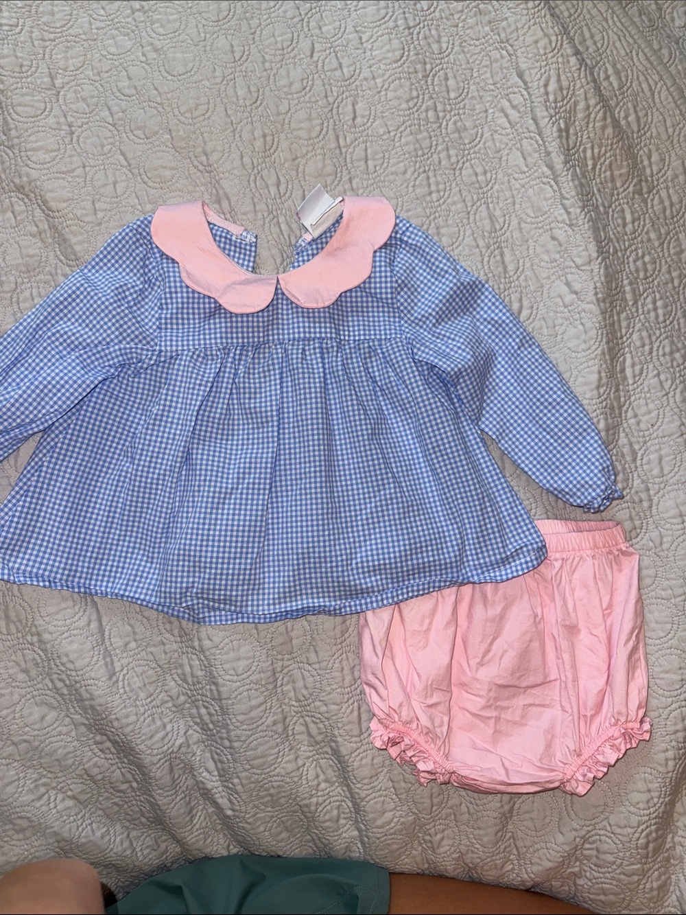 Blue Gingham Dress with Pink Scalloped Collar and Pink Bloomers
